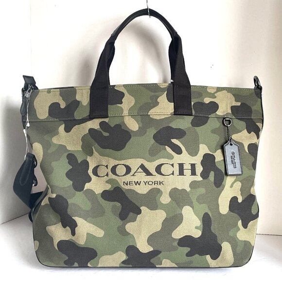 Coach Tote 38 Camo Print Large Canvas Tote Leather Carry-All Shoulder Bag CL396 - Picture 1 of 8